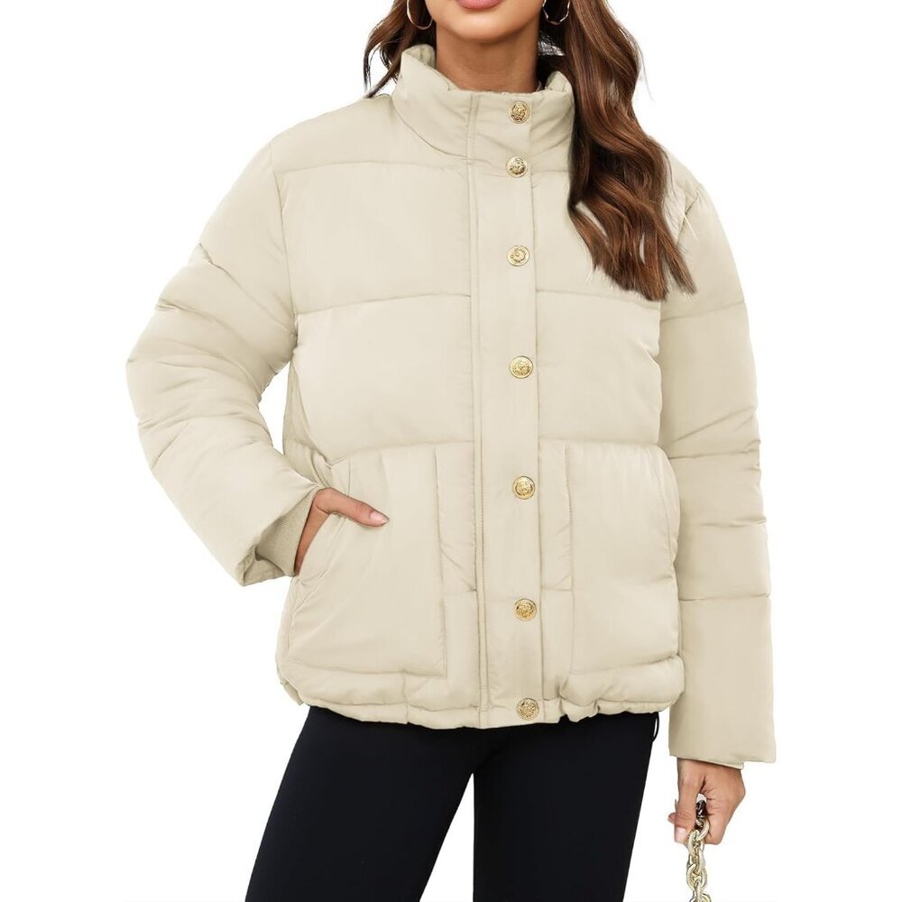 Women's Short Puffer Quilted Jacket Coat Beige Winter Zip Up Snap Button